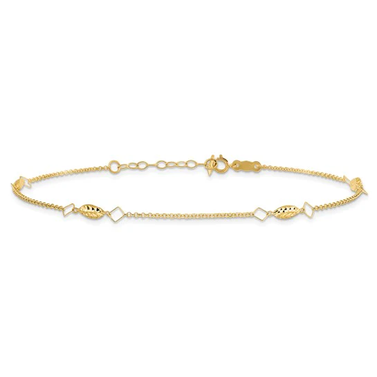 Tobillera de 14K Oro Amarillo con Cadena Circular y Perlas Puff en Corte Diamante, 9 Pulgadas más Extensión de 1 Pulgada - Image 3