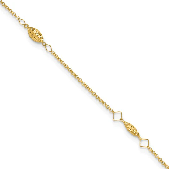 Tobillera de 14K Oro Amarillo con Cadena Circular y Perlas Puff en Corte Diamante, 9 Pulgadas más Extensión de 1 Pulgada - Image 6