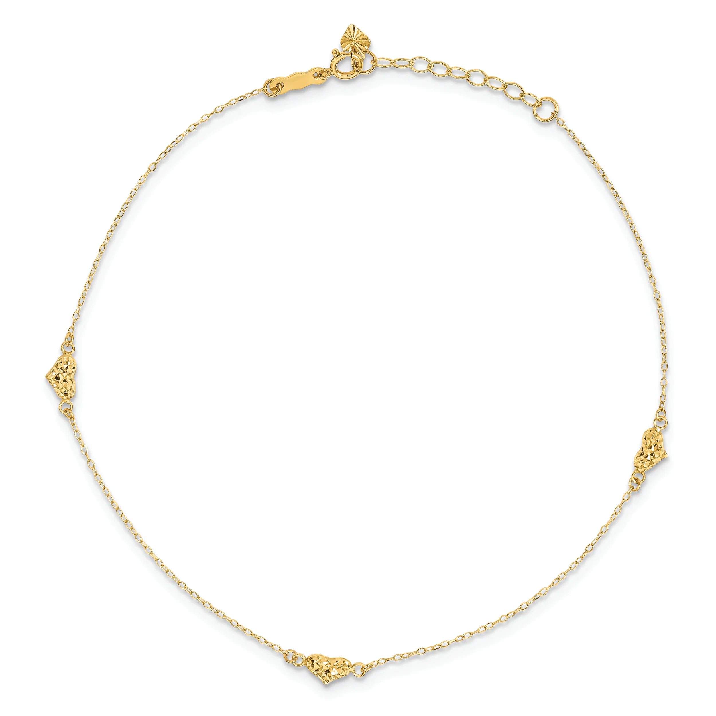 Tobillera de Oro Amarillo de 14K Pulido con Corazones Triple Inflados Cortados en Diamante de 9 Pulgadas + 1 Pulgada de Extensión