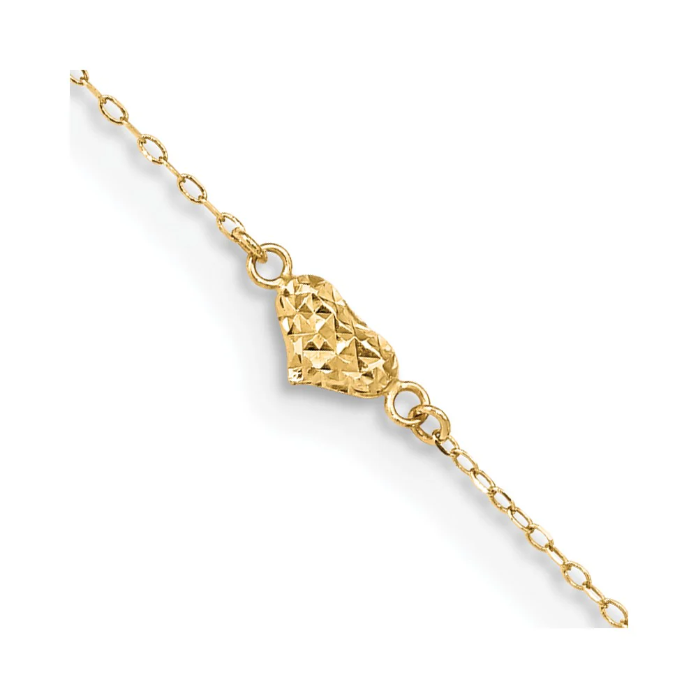 Tobillera de Oro Amarillo de 14K Pulido con Corazones Triple Inflados Cortados en Diamante de 9 Pulgadas + 1 Pulgada de Extensión - Image 2