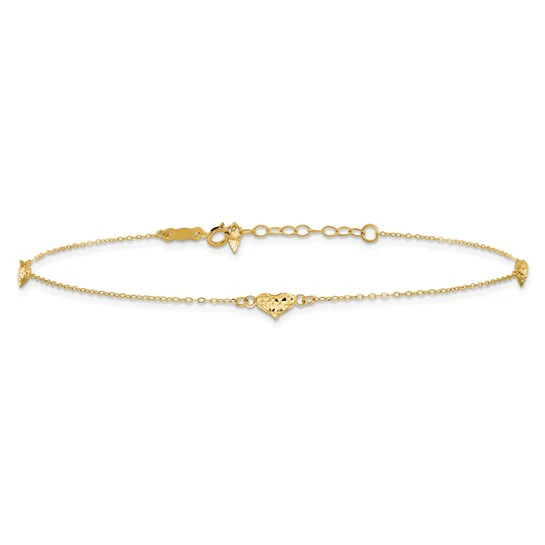 Tobillera de Oro Amarillo de 14K Pulido con Corazones Triple Inflados Cortados en Diamante de 9 Pulgadas + 1 Pulgada de Extensión - Image 3