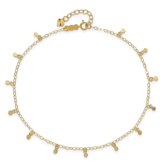 Tobillera de Oro Amarillo de 14K con Cadena Ovalada y Puntos Cortados en Diamante de 9 Pulgadas + 1 Pulgada de Extensión - Image 3