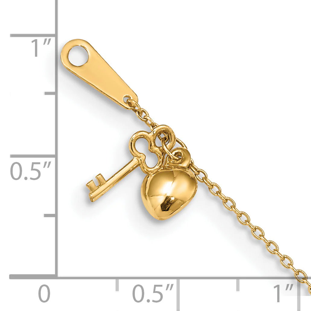 Tobillera de Corazón y Llave de Oro Amarillo 14K con Extensión de 1 Pulgada - Image 6