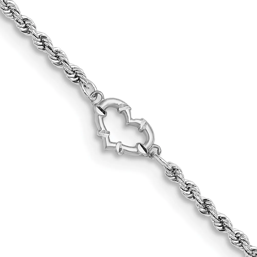 Tobillera de Oro Blanco de 14K con Cadena de Cuerda Hueca Cortada en Diamante y Corazón de 9 Pulgadas
