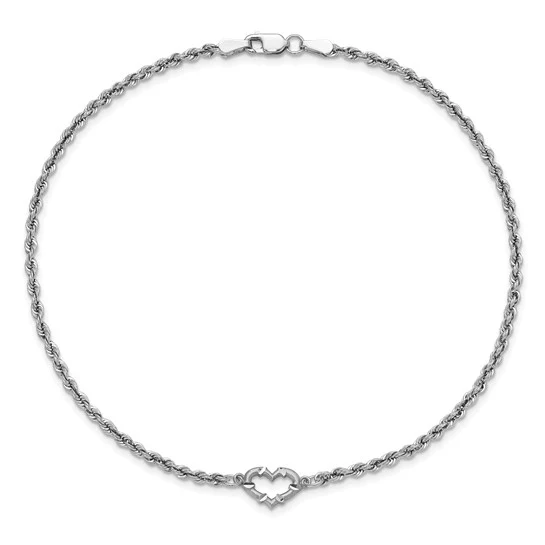 Tobillera de Oro Blanco de 14K con Cadena de Cuerda Hueca Cortada en Diamante y Corazón de 9 Pulgadas - Image 2