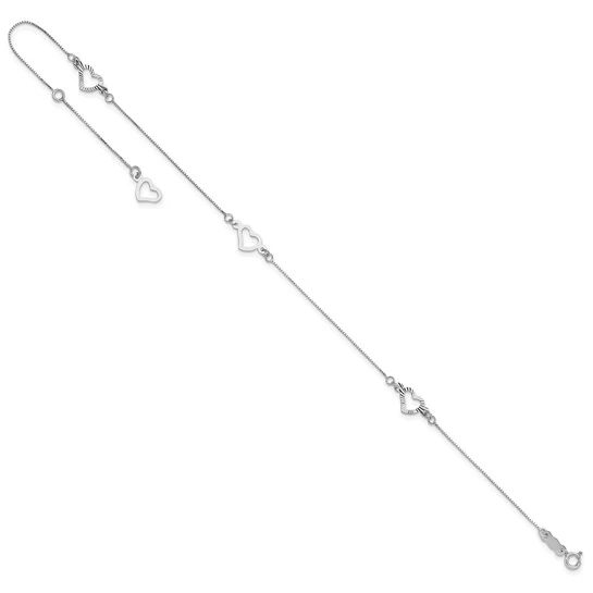 Tobillera de Oro Blanco de 14K con Cadena de Cuerda Hueca Cortada en Diamante y Corazón de 9 Pulgadas - Image 5