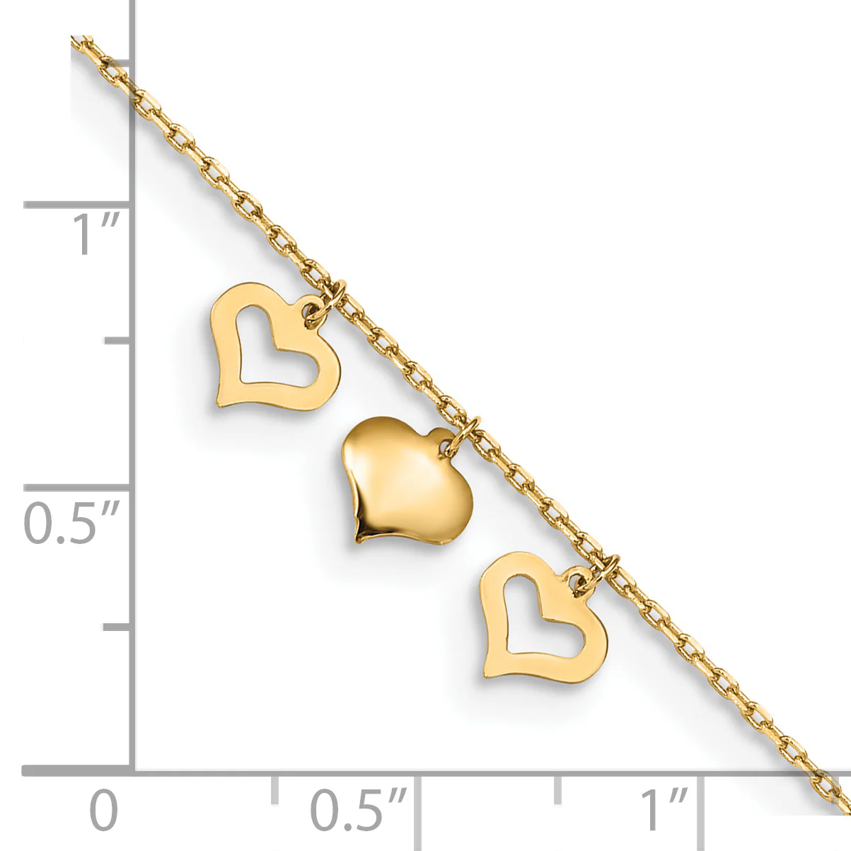 Tobillera 14K con 3 Corazones, 9 Pulgadas + 1 Pulgada de Extensión - Image 6