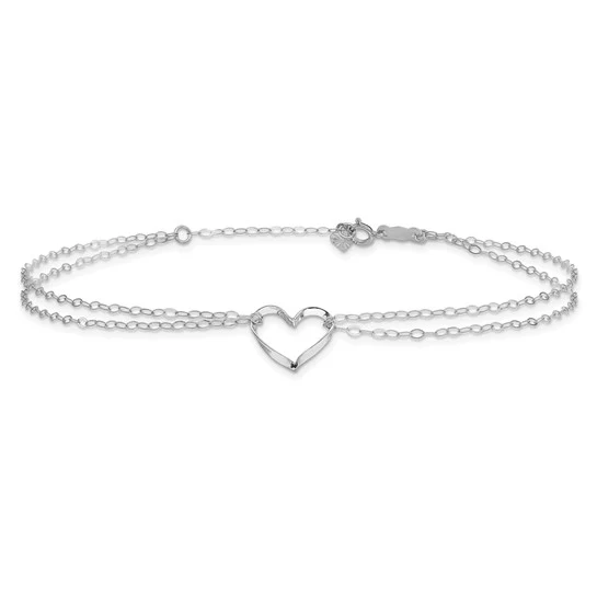 Tobillera de Oro Blanco 14K, Doble Cadena con Corazones, 9 Pulgadas + 1 Pulgada de Extensión - Image 3