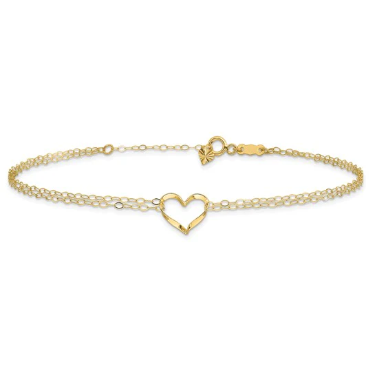 Tobillera de Oro Amarillo 14K, Doble Cadena con Corazón, 9 Pulgadas + 1 Pulgada de Extensión - Image 3
