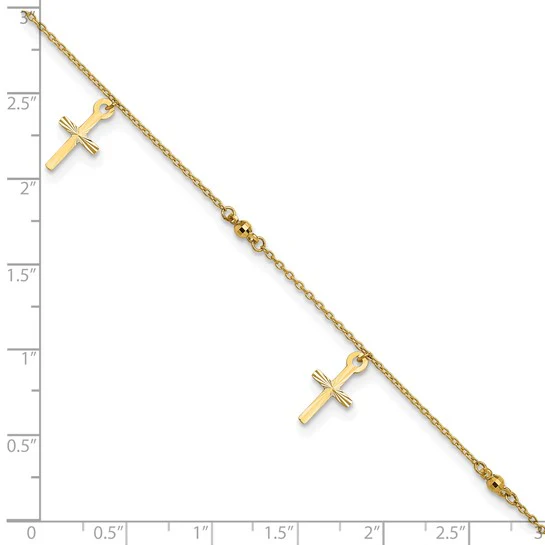 Tobillera de Oro Amarillo de 14K Pulido y Cortado a Diamante con Cruz de 9 Pulgadas + Extensión de 1 Pulgada - Image 5