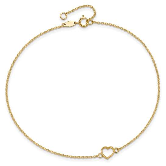 Tobillera de Corazón Texturizado y Pulido 14K de 9 Pulgada con Extensión de 1 Pulgada - Image 6
