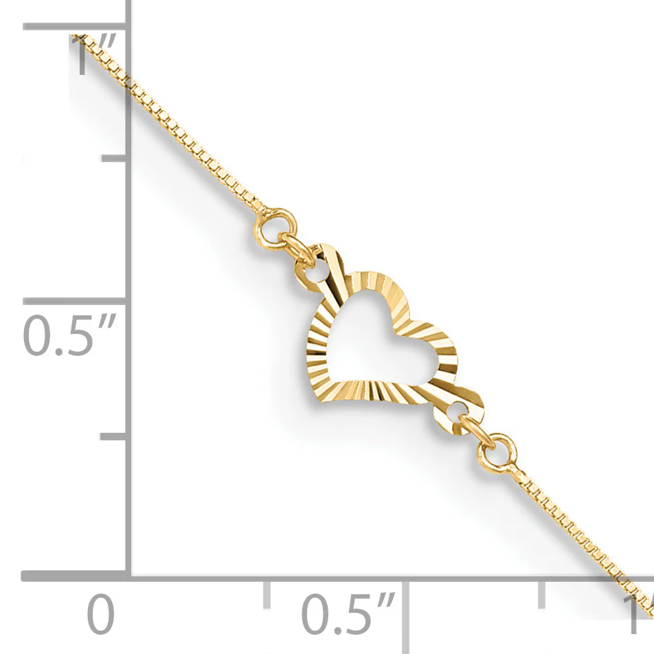 Tobillera de Oro Amarillo 14K con Corazones Elegantes de 10 Pulgadas + 1 Pulgada de Extensión - Image 3
