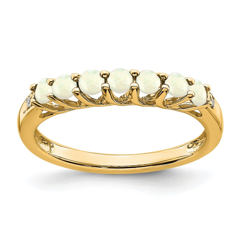 Anillo de 7 Piedras de Ópalo Creado en Laboratorio y Diamante en Oro Amarillo de 14k