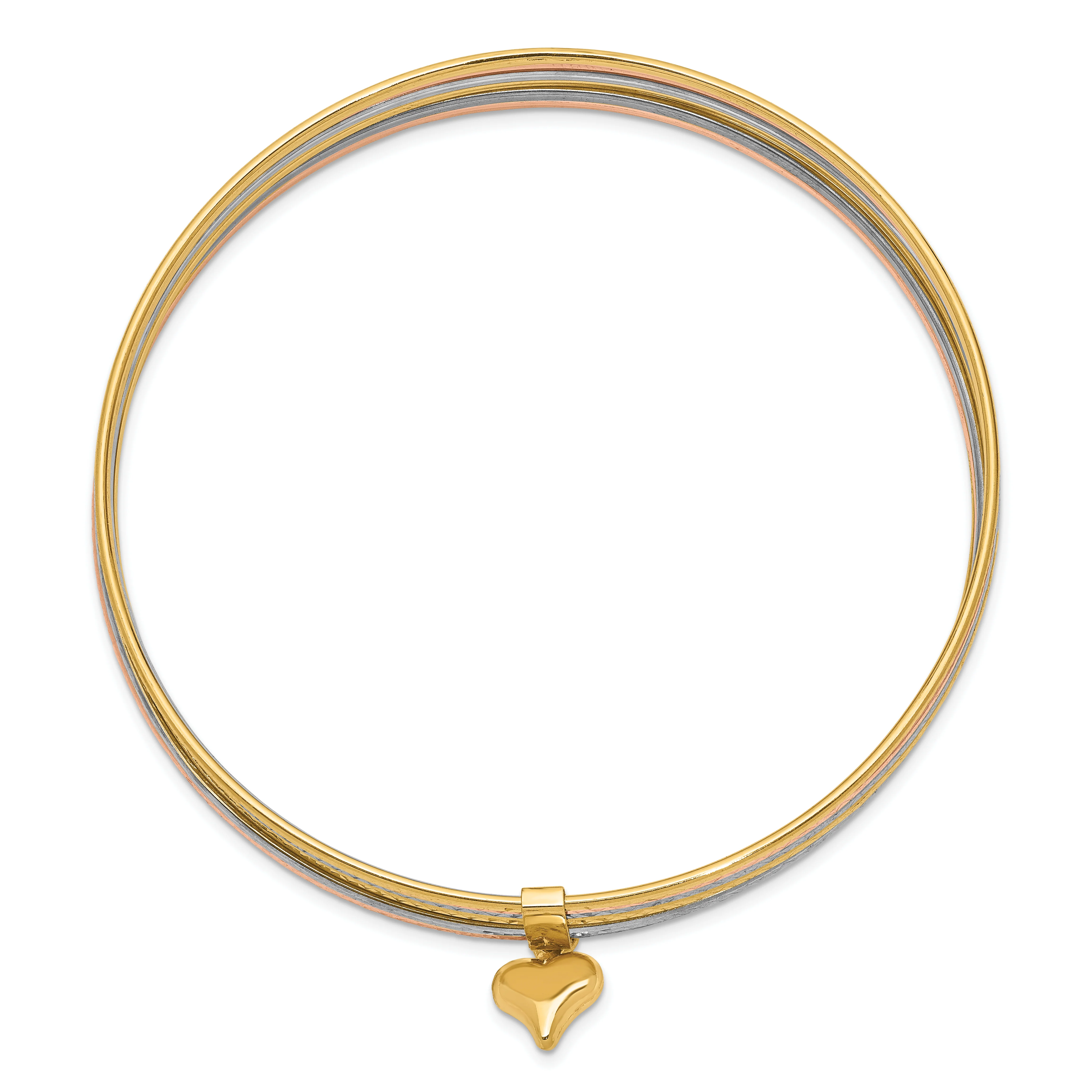 Set de 7 Pulseras Bangle Texturizadas Tri-color de 14k con Corazón Colgante Sobresaliente - Image 2