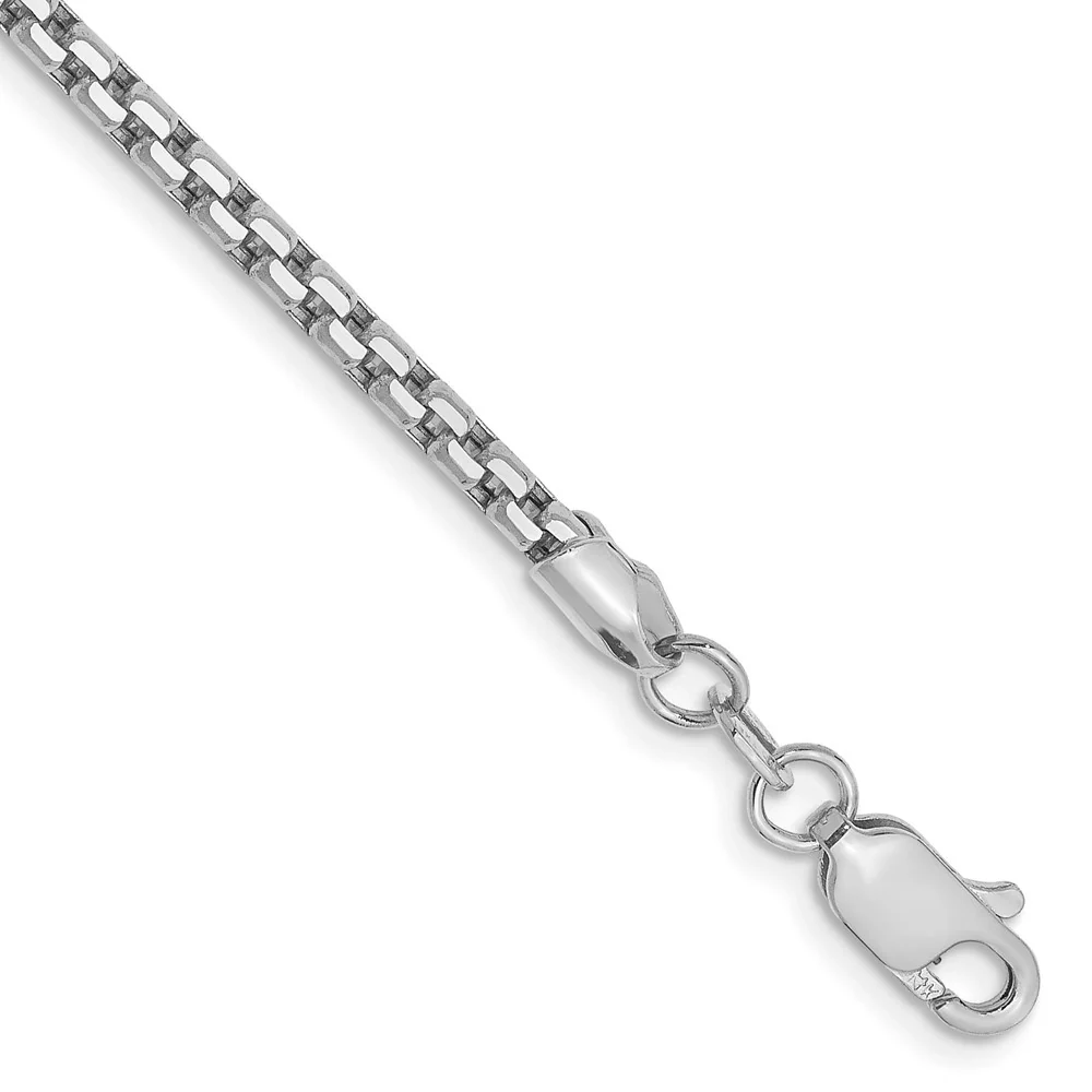 Pulsera de Oro Blanco de 14k, 8 pulgadas, Pulsera de Caja Redonda de 2.45mm con Cierre de Langosta