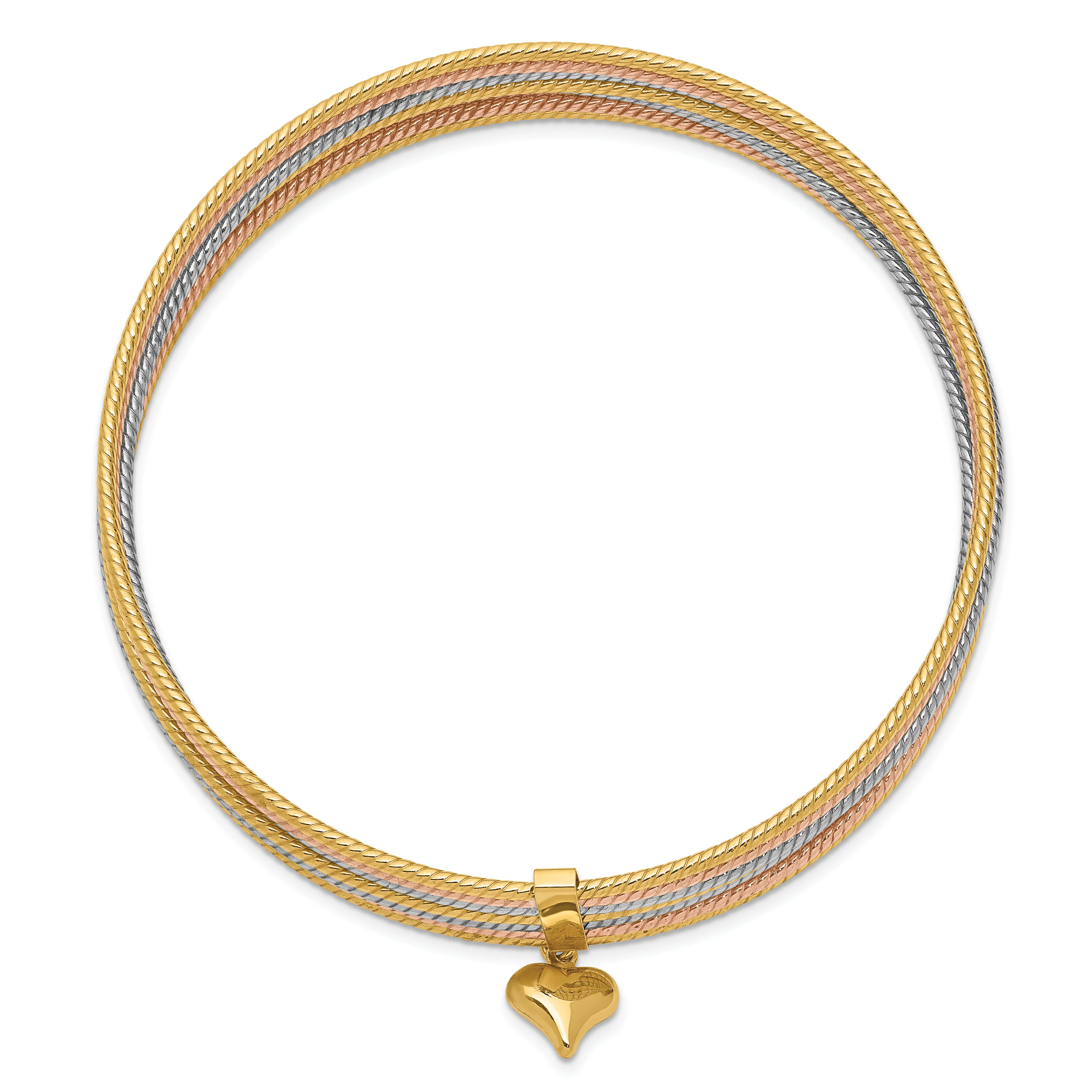 Set de 7 Pulseras Bangle Texturizadas Tri-color de 14k con Corazón Colgante Sobresaliente - Image 2