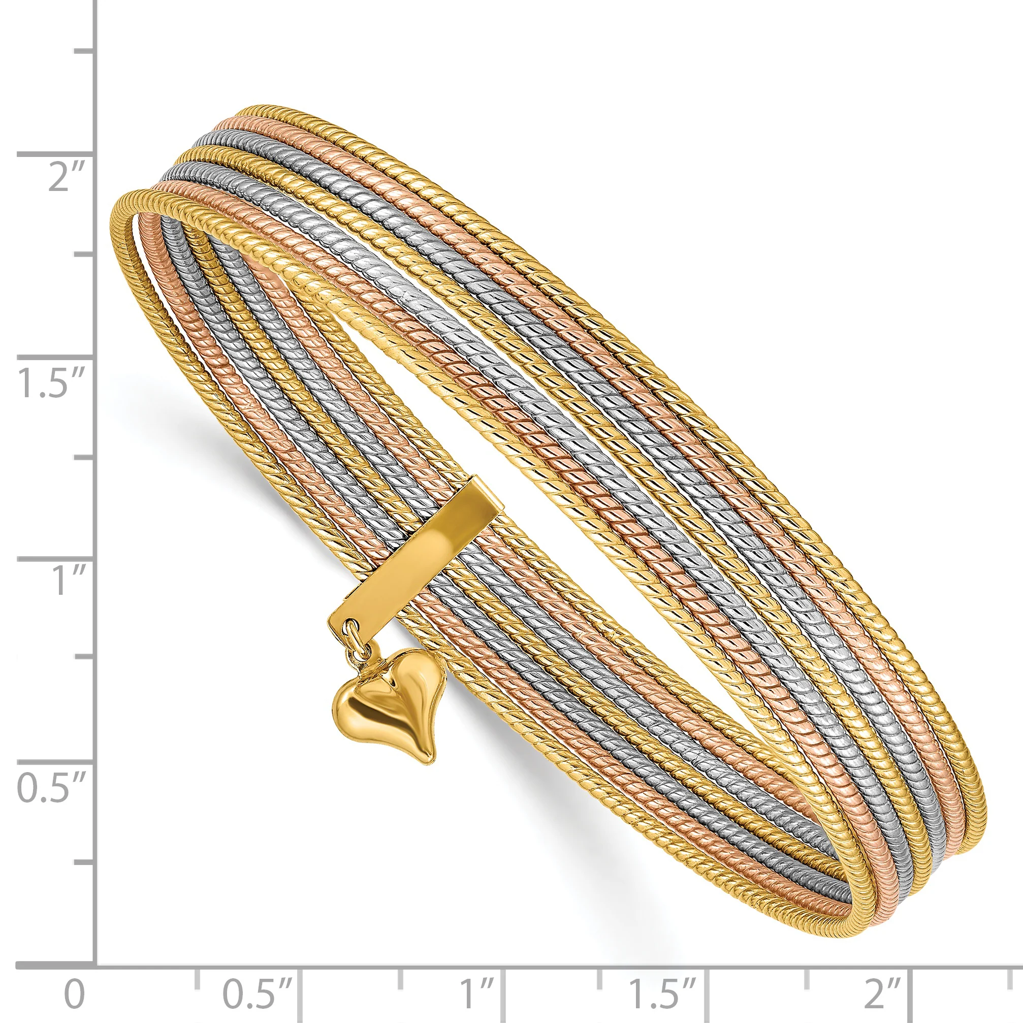 Set de 7 Pulseras Bangle Texturizadas Tri-color de 14k con Corazón Colgante Sobresaliente - Image 3