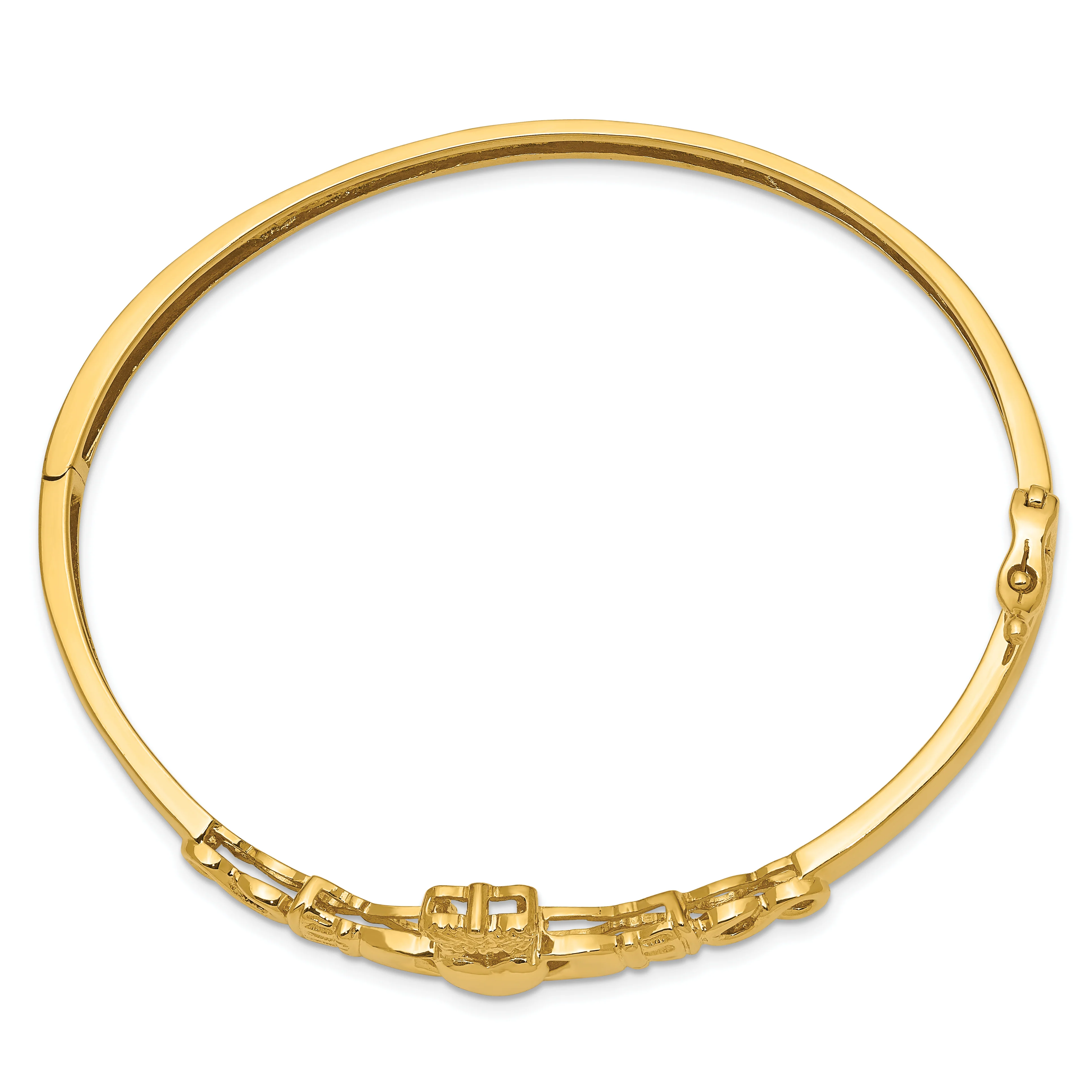 Brazalete Bangle de Oro Amarillo 14K con Corte de Diamante y Diseño Claddagh - Image 2