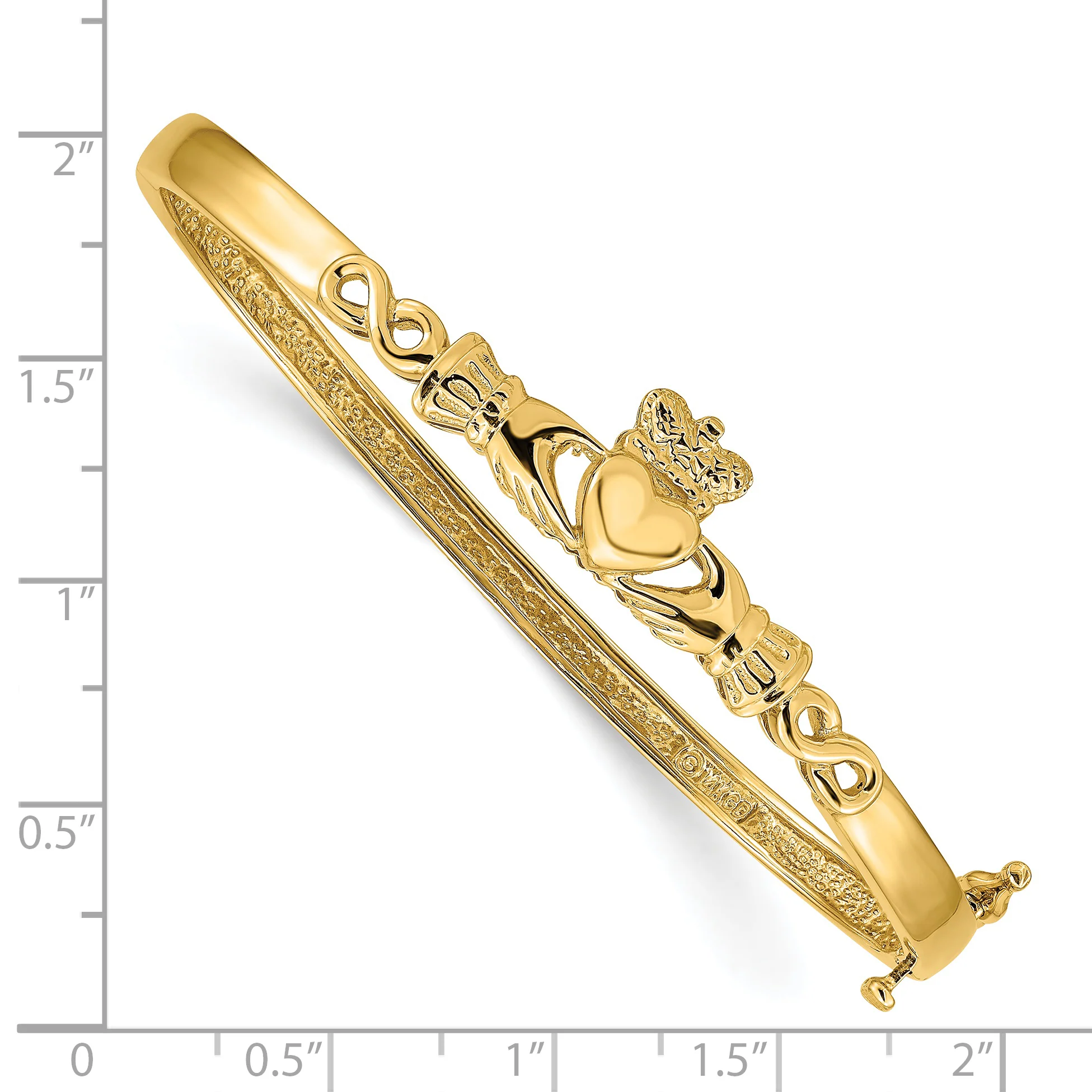 Brazalete Bangle de Oro Amarillo 14K con Corte de Diamante y Diseño Claddagh - Image 3