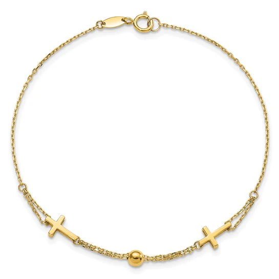 Pulsera de Doble Cadena con Cruz en Oro de 14k Pulido - Image 4