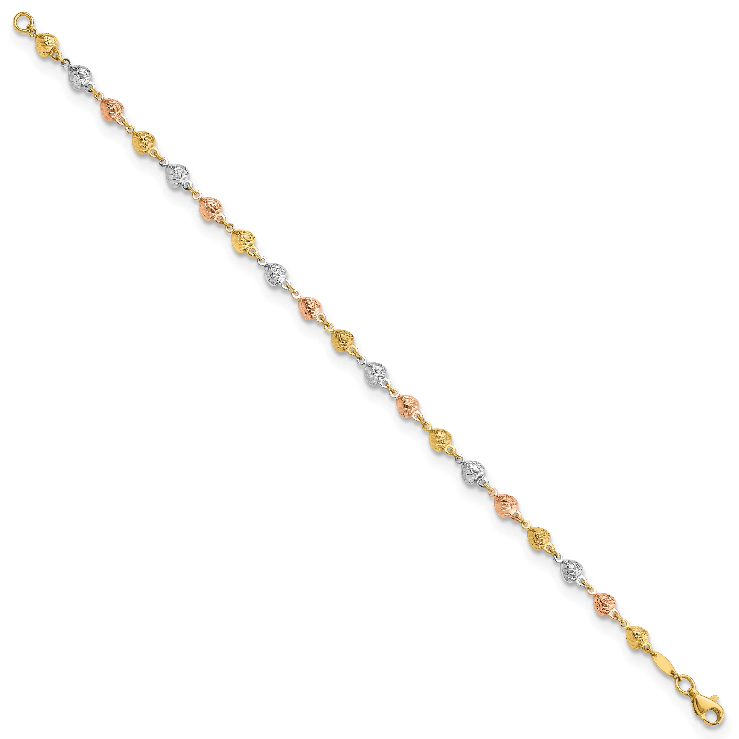 Pulsera de Corazones Pulidos y Diamantados de 14K Tricolor de 7.5 Pulgadas - Image 2