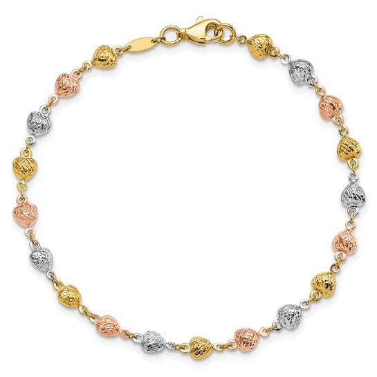Pulsera de Corazones Pulidos y Diamantados de 14K Tricolor de 7.5 Pulgadas - Image 4