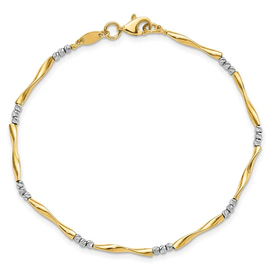 Pulsera 14K Dos Tonos Cortada en Diamante, Ondulada y con Esferas de 7.5 Pulgadas - Image 4