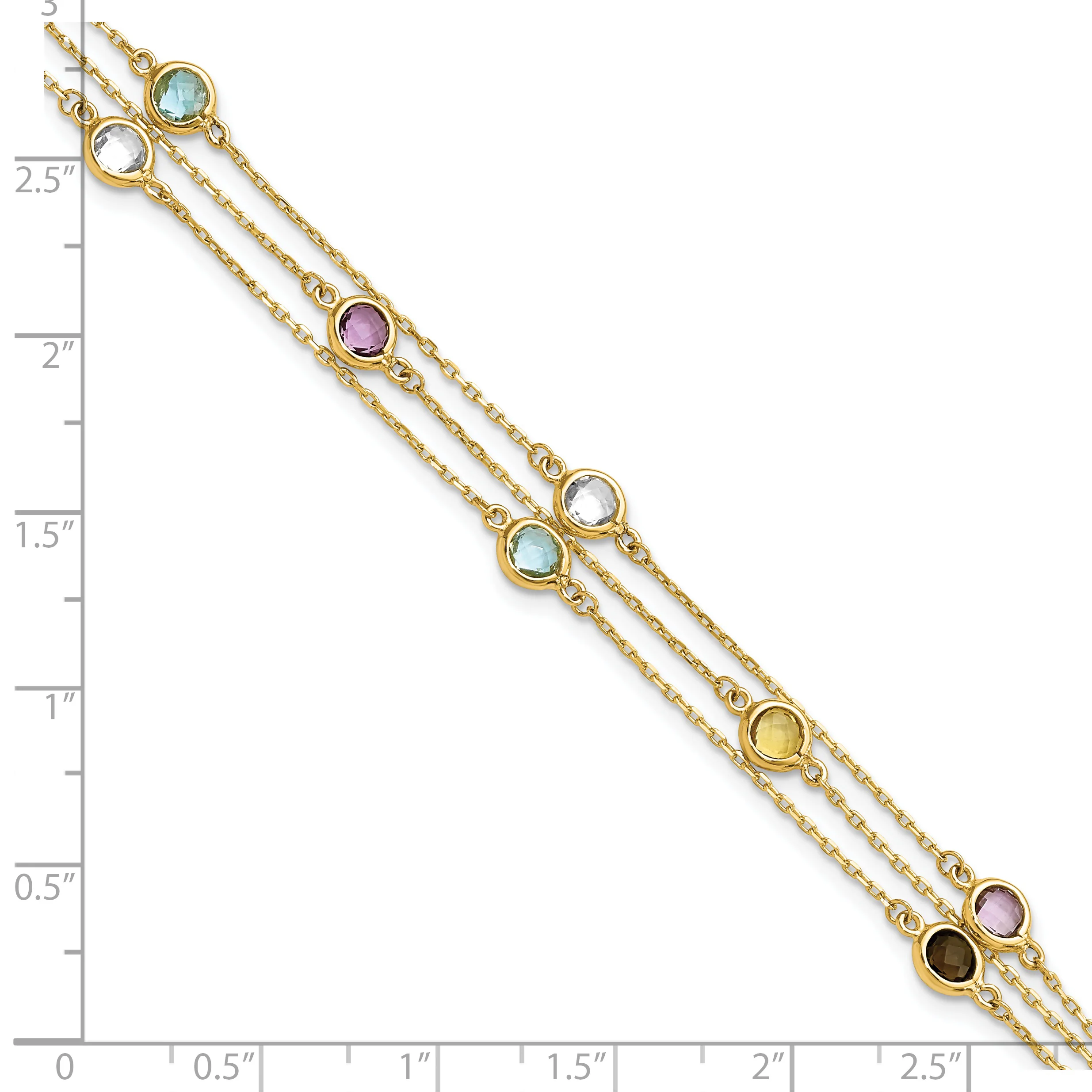 Pulsera de 3 Cadenas con Cuarzo Ahumado, Cuarzo Blanco, Citrino, Topacio Azul Cielo y Amatista 14K - Image 3