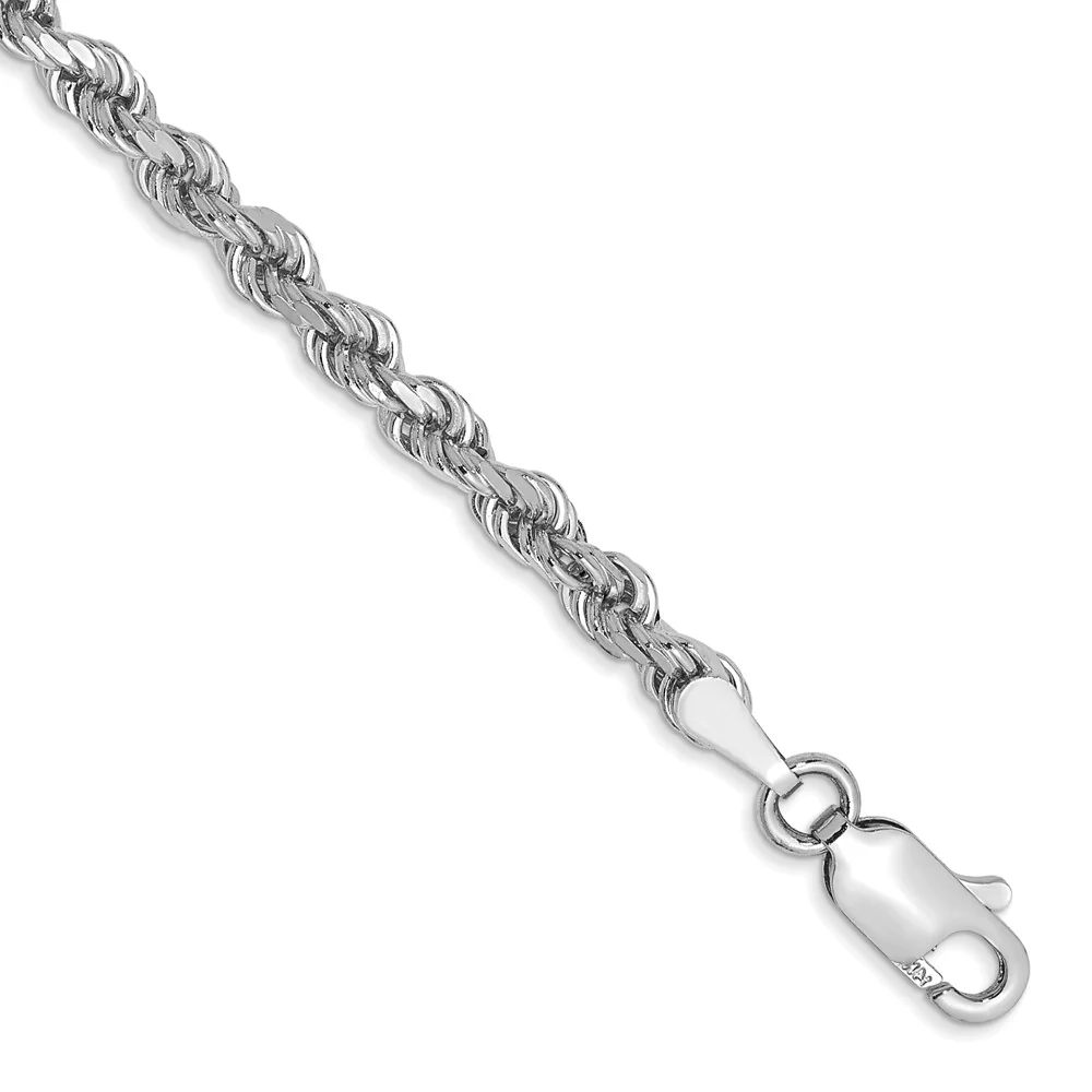 Pulsera de Oro Blanco de 14K, 7 Pulgadas, 3 mm, Estilo Cuerda con Corte Diamante y Cierre de Langosta