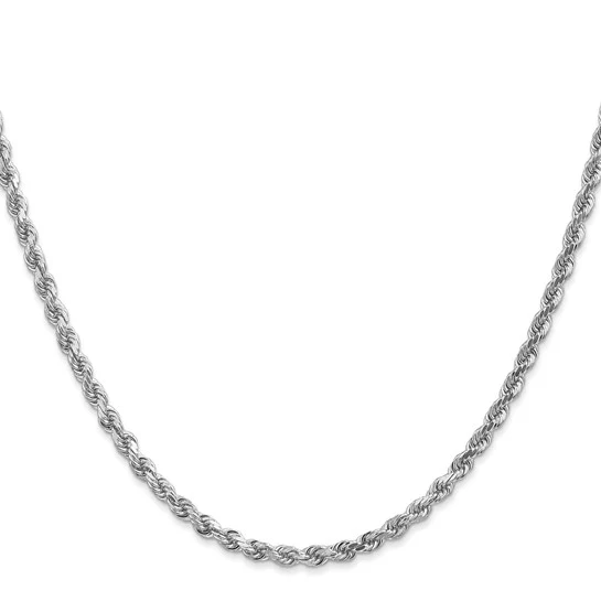 Cadena de Cuerda Diamantada de Oro Blanco de 14K – 22 pulgadas, 3 mm, con Cierre Tipo Langosta