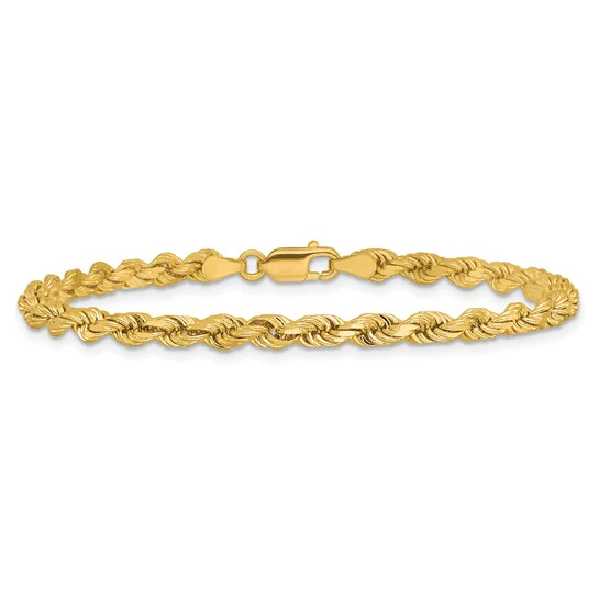 Cadena de Pulsera de 14K, 7 pulgadas, Estilo Cuerda de 4 mm con Corte Diamante y Cierre de Langosta