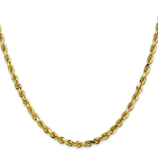Cadena de Cuerda Cuádruple en Oro Amarillo de 10K, 4 mm con Corte Diamante y Broche de Langosta – 30 Pulgadas