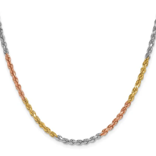 Cadena de Cuerda Tricolor con Corte Diamantado en Oro de 14K, 18 Pulgadas y 3 mm con Cierre de Langosta