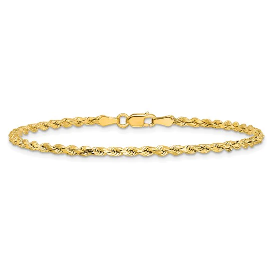 Pulsera de Cuerda Semi-Sólida con Corte Diamantado de 14k Oro Amarillo, 7 pulgadas, 2.5 mm con Cierre de Langosta