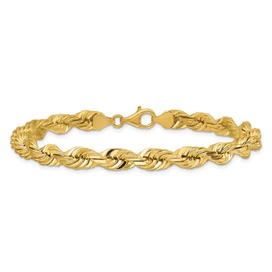 Pulsera de Oro Amarillo de 14K — 9 pulgadas, 7 mm, Estilo Cuerda con Corte Diamante y Cierre de Langosta de Lujo