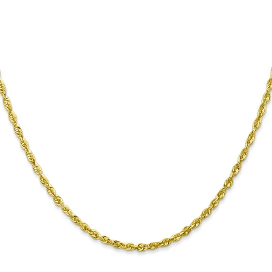 Cadena de Oro Amarillo de 10K — 2.25 mm, Estilo Cuerda con Corte Diamante, Ultraligera y Cierre de Langosta