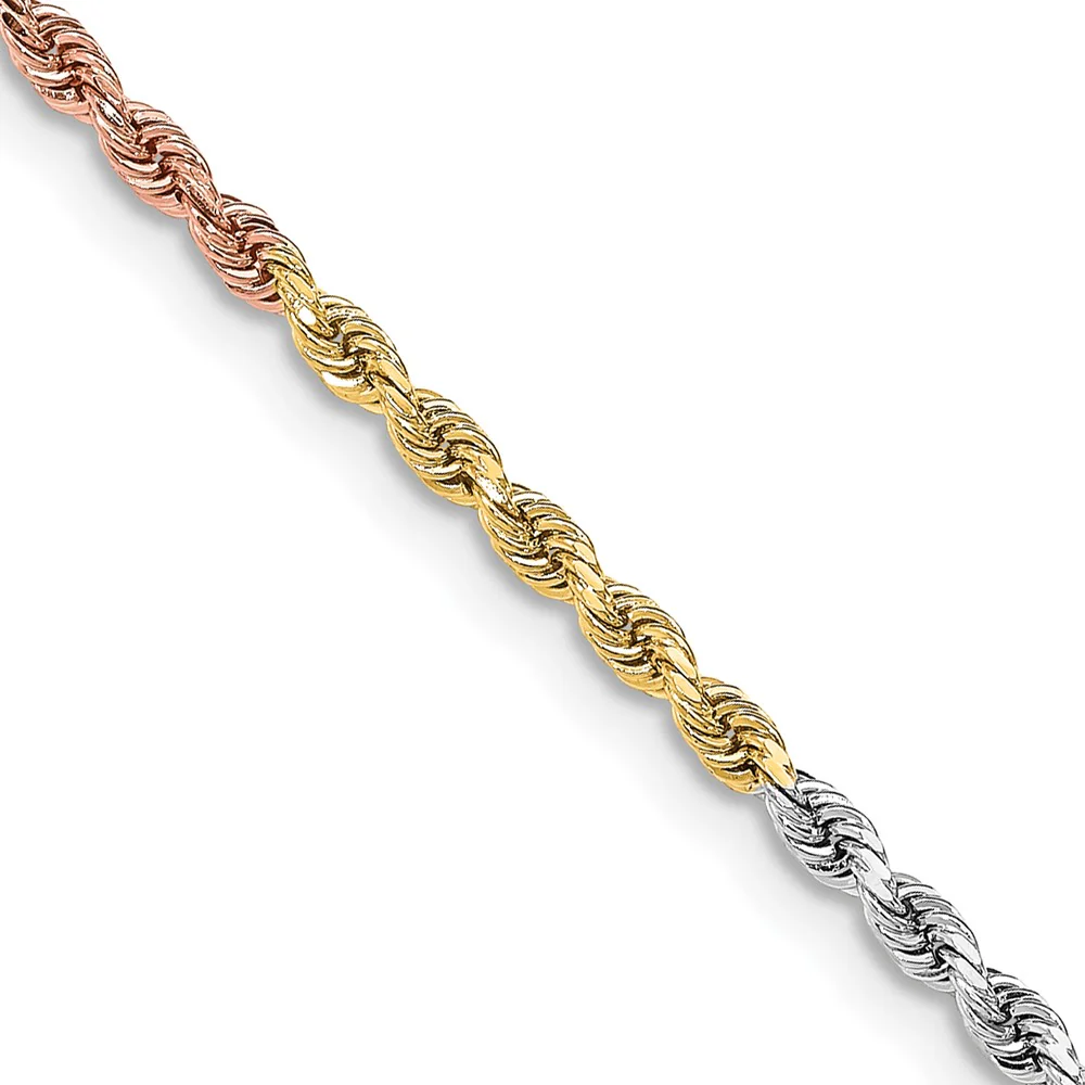 Cadena de Cuerda Tri-color 14K de 20 pulgadas 3mm Cortada a Diamante con Cierre de Langosta - Image 2