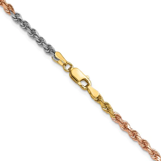 Cadena de Cuerda Tri-color 14K de 20 pulgadas 3mm Cortada a Diamante con Cierre de Langosta - Image 3