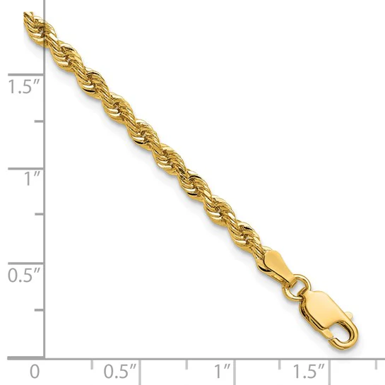 Cadena Rope de Oro Amarillo 14K, 7 pulgadas, 3 mm, Corte Diamante con Cierre Langosta - Image 2