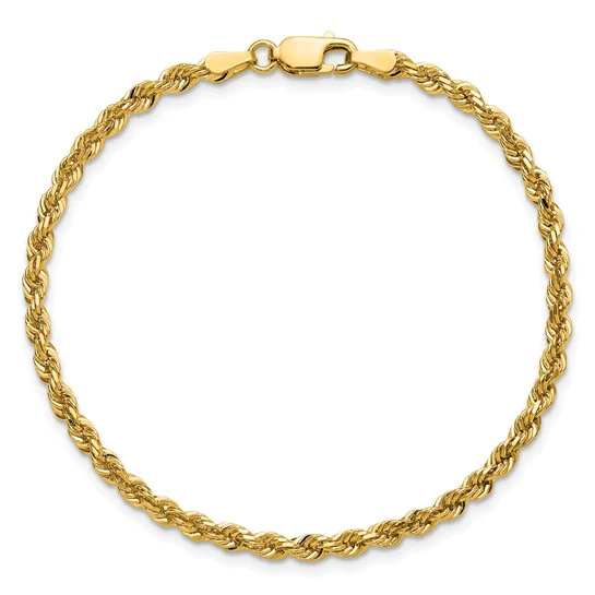 Cadena Rope de Oro Amarillo 14K, 7 pulgadas, 3 mm, Corte Diamante con Cierre Langosta - Image 5