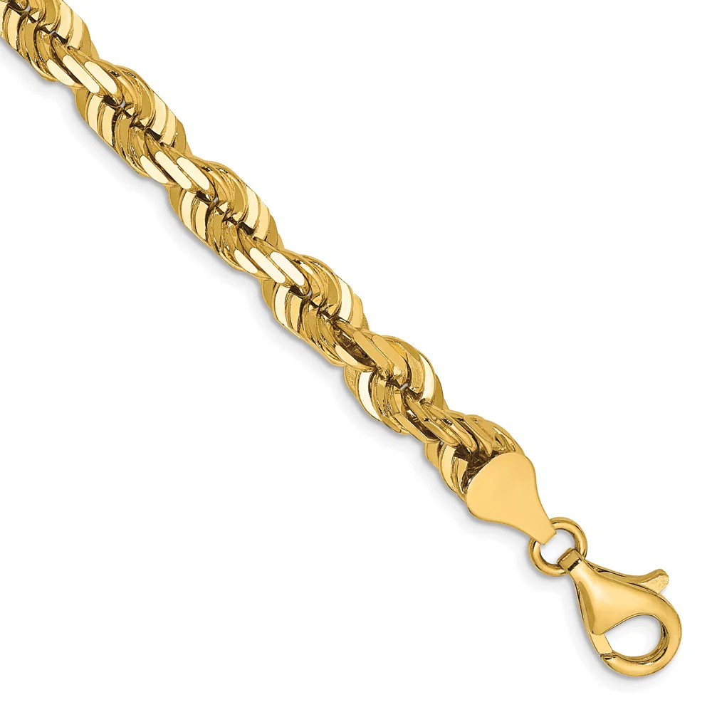 Pulsera de Oro Amarillo 14K de 8 Pulgadas y 6.5mm de Grosor Tipo Cuerda con Corte Diamantado y Cierre de Langosta Elegante - Image 2
