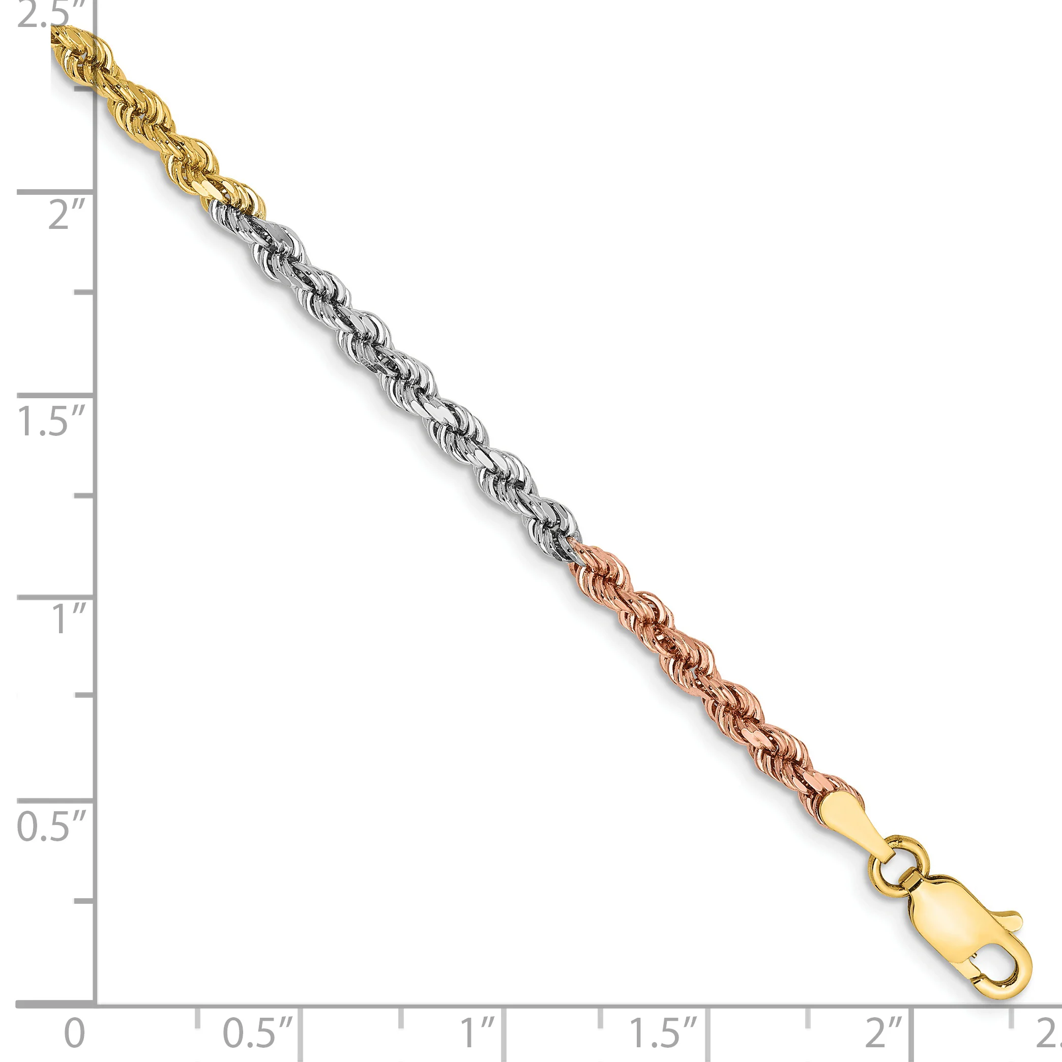 Pulsera de Cuerda de 14K Tricolor de 8 Pulgadas y 2.9 mm con Cierre de Langosta - Image 2