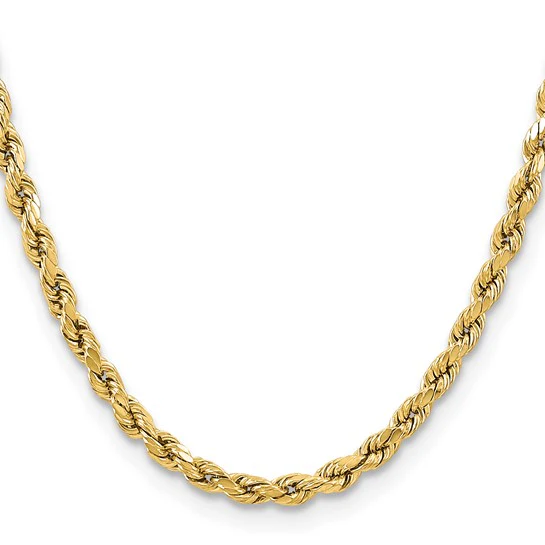 Cadena de Cuerda Corte Diamante de Oro Amarillo 10k – 5.5 mm, 16 Pulgadas, Semi-Sólida con Cierre Langosta