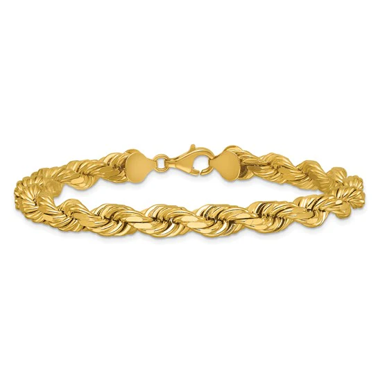 Cadena de Cuerda en Oro Amarillo de 14K – 9 Pulgadas, 8 mm con Cierre Langosta Elegante