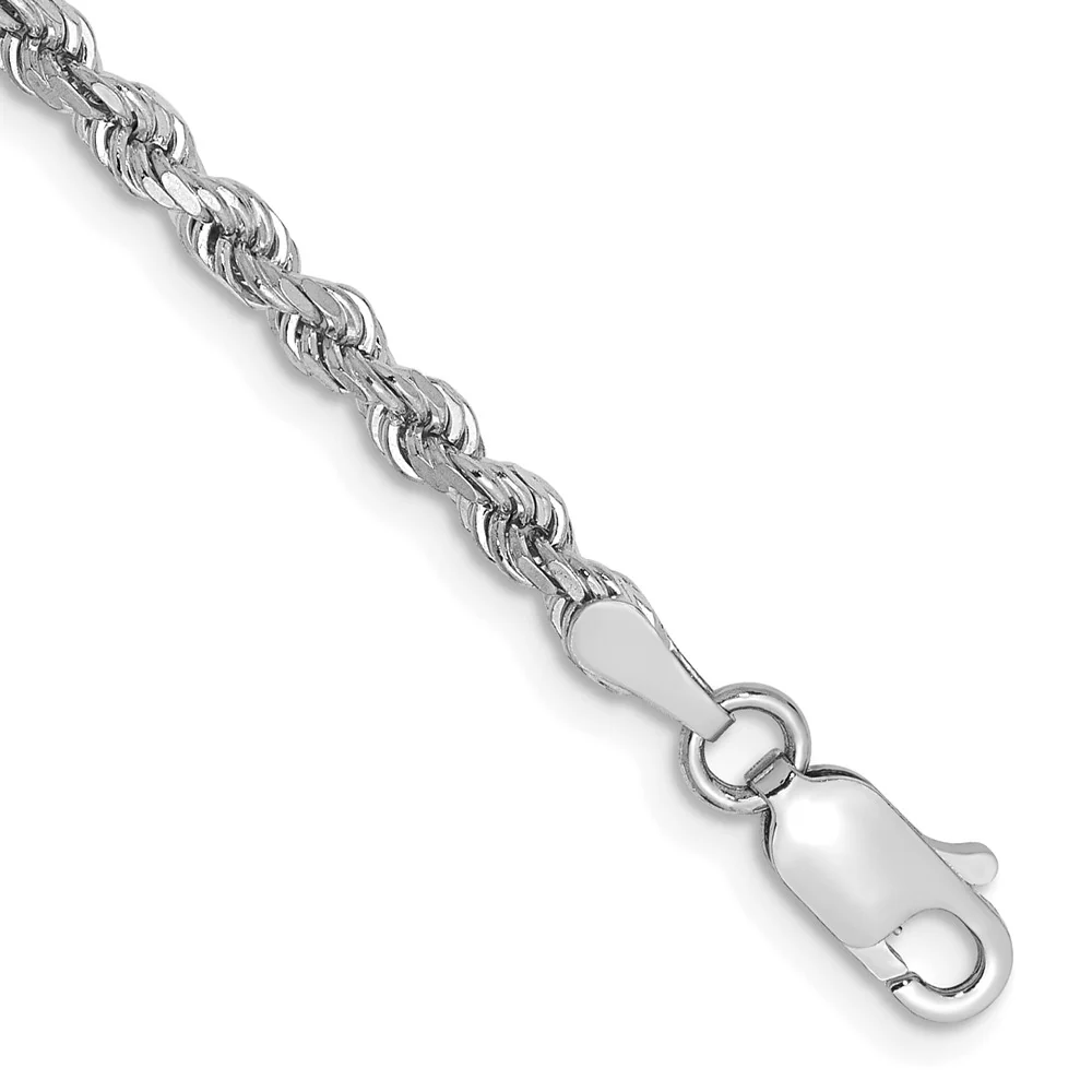 Cadena de Cuerda en Oro Blanco de 14K – 8 Pulgadas, 2.75 mm con Cierre Langosta