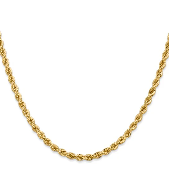 Cadena de Cuerda Regular de Oro Amarillo de 14K – 28 Pulgadas, 3.65 mm con Cierre Langosta