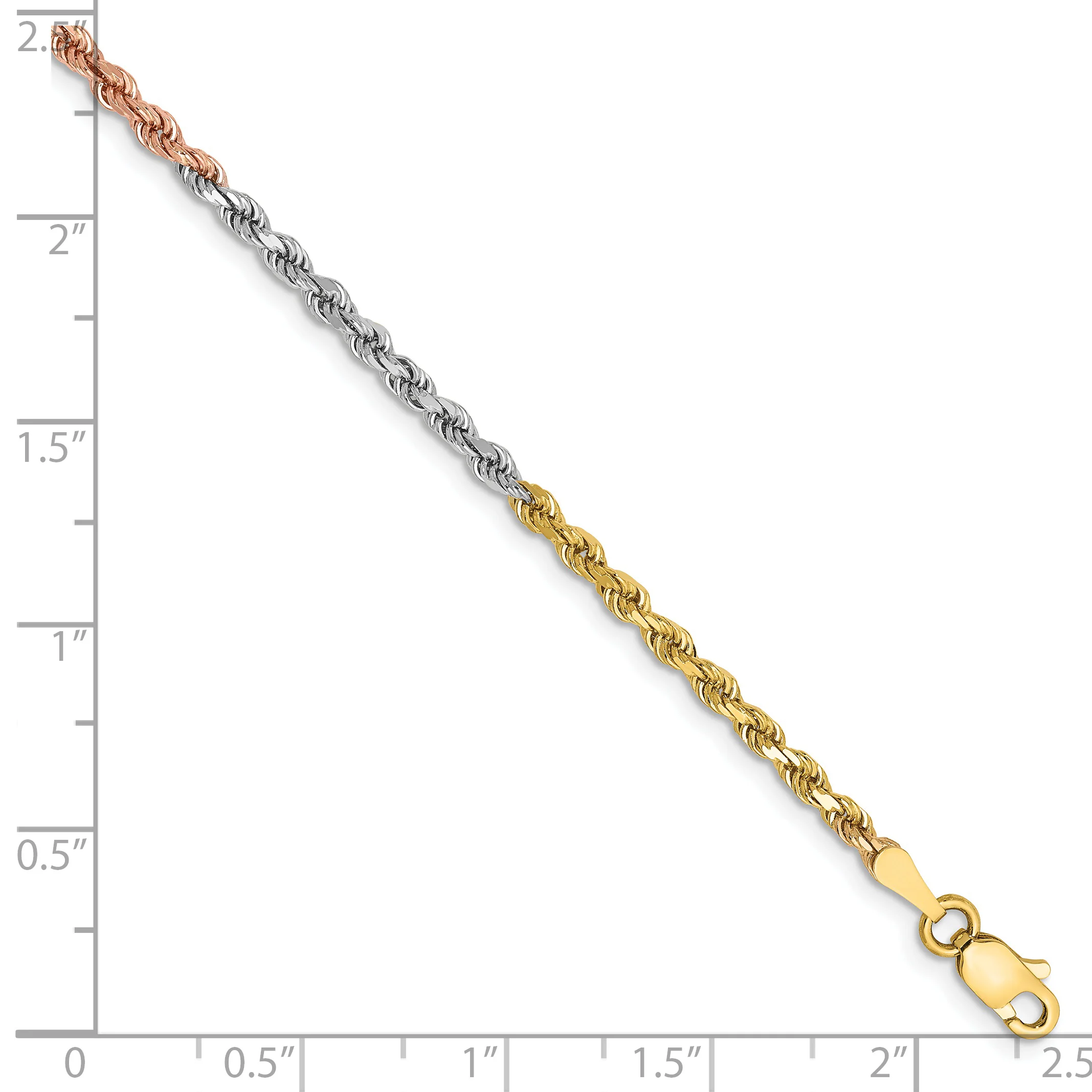 Pulsera de Cuerda Diamond-Cut de Oro Tricolor de 14K – 7 Pulgadas, 2.5 mm con Cierre Langosta - Image 2