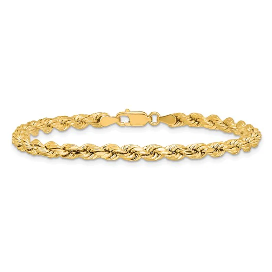 Pulsera de Cuerda Semi Sólida en Oro Amarillo de 14K, 7 Pulgadas, 4 mm con Cierre Tipo Langosta