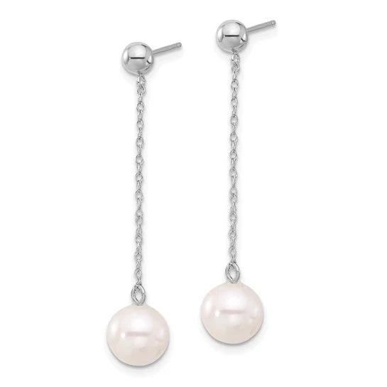 Pendientes Colgantes con Perlas Cultivadas de Agua Dulce Redondas Blancas de 7-8 mm en Oro Blanco de 14k con Cierre de Poste y Presión - Image 3
