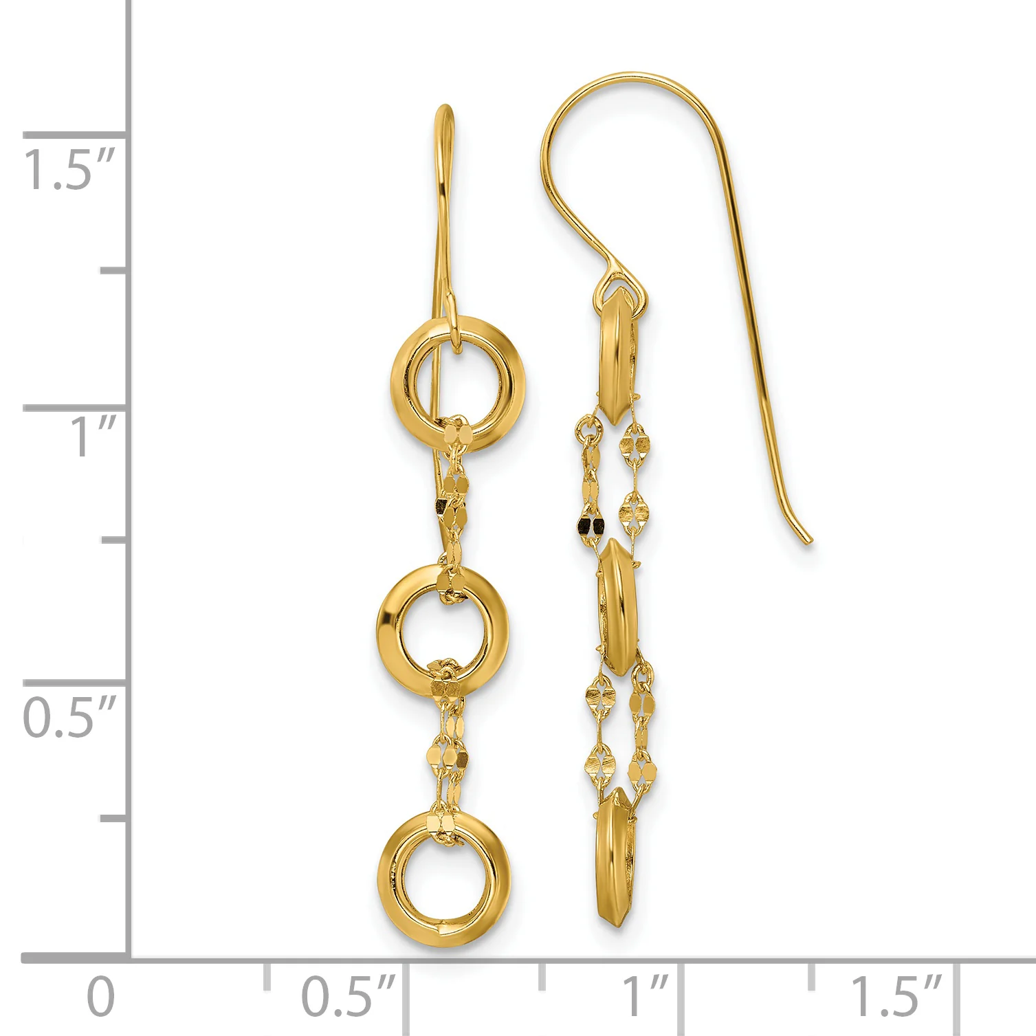 Aretes Colgantes de Tres Círculos en Oro Amarillo de 14K - Image 2